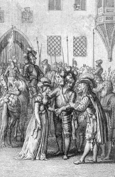 Luxemburgin keisari Henrik VII (1275-1313) tapaa tulevan vaimonsa Margaretan Brabantilaisen (1276-1311), Johannes I:n, Brabantin herttuan ja Margaritan Dampierren tyttären (Henry VII, Pyhän Rooman keisari tapaa vaimonsa Margaretan Brabantilaisen Johannes I tekijältä Johann Michael Mettenleiter
