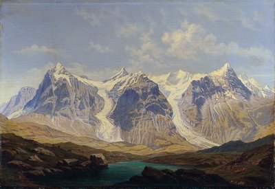 Wetterhorn, Mettenberg ja Eiger sekä kaksi Grindelwald-jäätikköä niiden välissä tekijältä Johann Michael Sattler