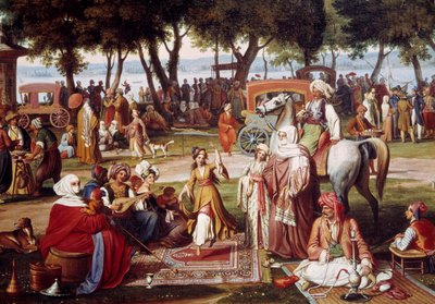 Makean veden Aasia Konstantinopolissa - Makeaa asumista: ryhmä miehiä ja naisia tupakoimassa, tanssimassa - Johann Wittmerin (1802-1880) maalaus 1837 Yksityiskohta - München, Neue Pinakothek tekijältä Johann Michael Wittmer