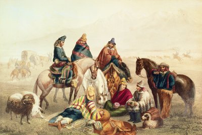 Chilen rustiikan puvut, kuvitus Claudio Gayn historiasta "Historia de Chile", kaiverrus Laemlein, 1854 tekijältä Johann Moritz Rugendas