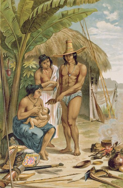 Intian kotitalous Itä-Brasiliassa, Prof. Friedrich Ratzelin teoksesta "Ihmiskunnan historia", pub. vuonna 1904 tekijältä Johann Moritz Rugendas