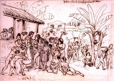 Intiaanit vierailemassa kartanolla Brasiliassa, n. 1825 (kynä ja ruskea muste kynällä) tekijältä Johann Moritz Rugendas