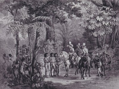 Intiaanien tapaaminen Euroopan tutkimusmatkailijoiden kanssa "Picturesque Voyage to Brasilian" tekijältä Johann Moritz Rugendas