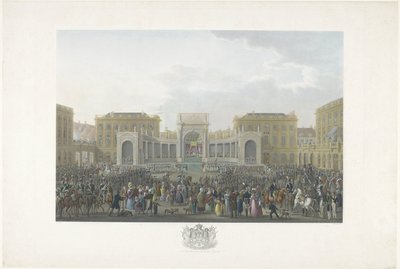 Vilhelm I:n vihkiäispäivä Brysselissä 21. syyskuuta 1815 Kaksitoista levyä William I:n saapumisesta ja virkaanastumisesta Brysseliin sekä taisteluista Quatre-Brasissa ja Waterloossa vuonna 1815 (sarjan nimi) tekijältä Johann Nepomuk Gibèle