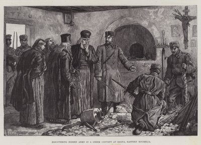 Piilotettuja aseita kreikkalaisessa luostarissa Bagnassa, Itä-Rumeliassa. tekijältä Johann Nepomuk Schonberg