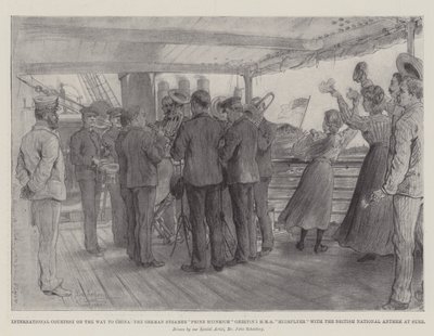 Kansainvälinen kohteliaisuus matkalla Kiinaan, saksalainen höyrylaiva Prinz Heinrich tervehtii HMS Highflyeriä Britannian kansallislaululla Suezissa tekijältä Johann Nepomuk Schonberg