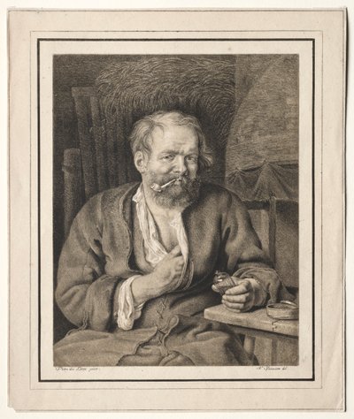 Talonpoika istuu pöydässä, polttaa piippua, 1817-1821. tekijältä Johann Nepomuk Strixner