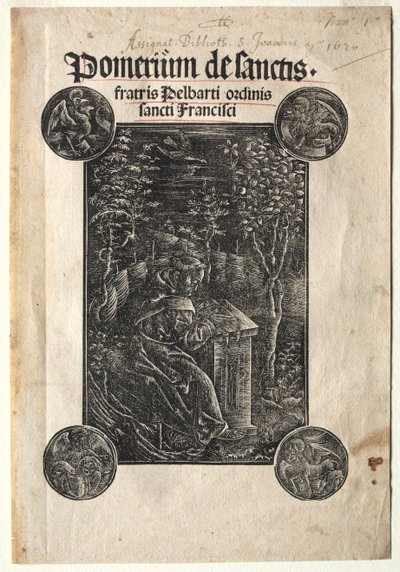 Pelbart Temesvarista opiskelee puutarhassa, 1620. tekijältä Johann Otmar