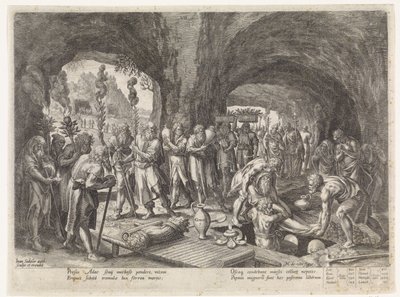 Adamin hautaaminen Setin perheen historia / Hyvän ja huonon tuomitseminen (sarjan nimi) Bonorum et Malorum consensio (sarjan nimi) tekijältä Johann Sadeler (I)