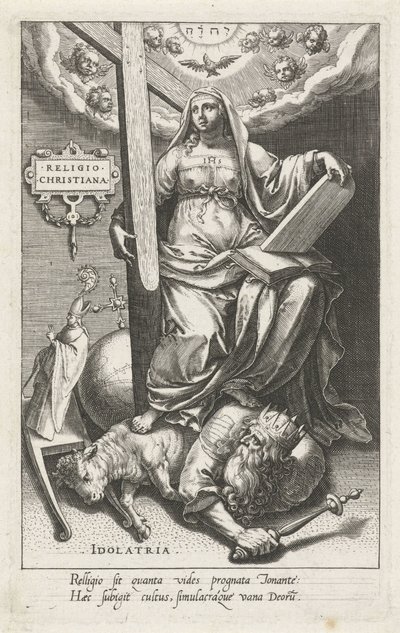 Kristillinen uskonto (Religio Christiana) voittaa epäjumalanpalveluksen (Idolatria) Uskonto Christiana (otsikko esineessä) Hyveet voittivat paheet (sarjan nimi) tekijältä Johann Sadeler (I)