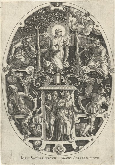 Kristus Getsemanen puutarhassa Passie van Christus (sarjan nimi) Kristuksen kärsimys, meidän lunastus (sarjan nimi) tekijältä Johann Sadeler (I)