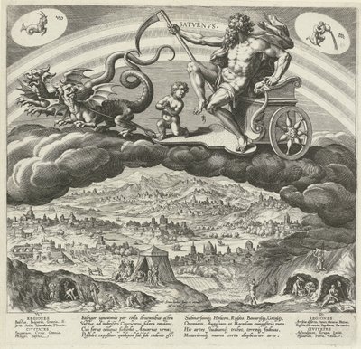 Planeetta Saturnus en zijn vaikuttaa op de wereldiin The Seven Planets (sarjan nimi) Planeettojen ja niiden merkkien vaikutukset horoskoopissa (sarjan nimi) tekijältä Johann Sadeler (I)