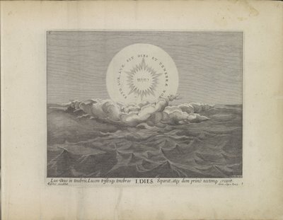 Eerste scheppingsdag: scheiding van licht en darknessen Schepping van de wereld (sarjan nimi) Tämä on pronssilevyissä ilmaistun Vanhan ja Uuden testamentin pyhän historian raamatullinen teatteri (sarjan nimi) tekijältä Johann Sadeler (I)