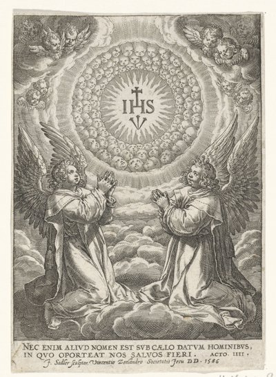 Enkelit palvovat Kristuksen monogrammia tekijältä Johann Sadeler (I)
