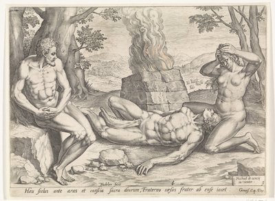 Eeva suree Abelin kuolemaa Kainin ja Abelin historia (sarjan nimi) tekijältä Johann Sadeler (I)