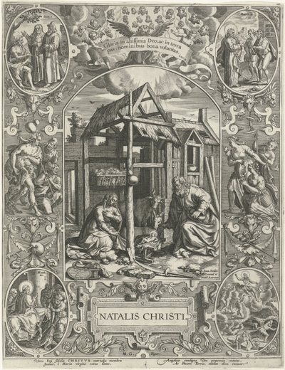Syntymä: Joulu Natalis Christi (otsikko esineessä) Neljä tärkeintä kristillistä juhlapäivää (sarjan nimi) tekijältä Johann Sadeler (I)