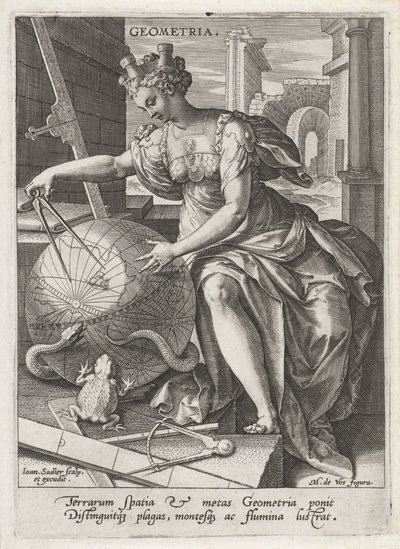 Geometria Geometria (otsikko objektissa) Seitsemän vapaata taidetta (artes liberales) (sarjan nimi) tekijältä Johann Sadeler (I)