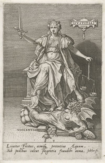 Oikeus (Justitia) voittaa väkivallan (Violentia) Oikeus (otsikko esineessä) Hyveet voittivat paheet (sarjan nimi) tekijältä Johann Sadeler (I)