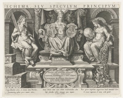 Auktoriteetti (Potestas), Prestige (Nobilitas) ja hyväntahtoisuus (Liberalitas) Otsikkoprintti sarjalle prinssin ominaisuuksista Prinssin päätoiminnat (sarjan nimi) Schema, seu speculum principum (sarjan nimi) Aikataulu, sev specvlvm tekijältä Johann Sadeler (I)