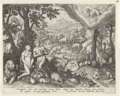 Isä Jumala siunaa Aadamia, Eevaa ja eläimiä Creation of the World (sarjan nimi) tekijältä Johann Sadeler (I)