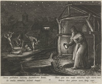 Saint Alphegus Canterburysta erakkona Erakoiden hyveellinen elämä (sarjan nimi) Trophaeum vitae solitariae (sarjan nimi) tekijältä Johann Sadeler (I)