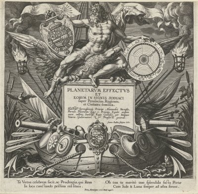 Jupiter en een oorlogsschip tapasi Alessandro Farnesen Titelprent van een prentserie over de influence van de planeten over streken Planeettojen ja niiden merkkien vaikutukset horoskoopissa (sarjan nimi) Planetarvm Effectvs ja eorvm horoskooppimerkeissä (s tekijältä Johann Sadeler (I)