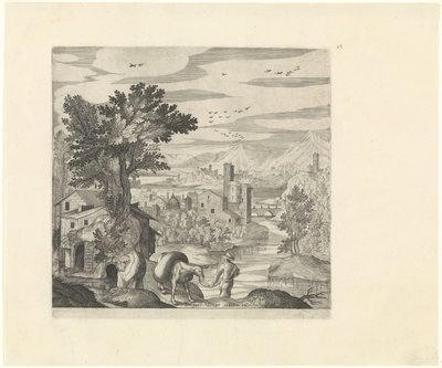 Maisema maanviljelijän ja hänen aasinsa kanssa Italian maisemat (sarjan nimi) tekijältä Johann Sadeler (I)