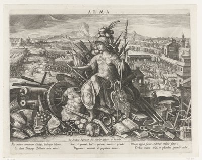 Minerva kamppailulajin suojelijana Arma (otsikko esineessä) Prinssin päätoiminnat (sarjan nimi) Schema, seu speculum principum (sarjan nimi) tekijältä Johann Sadeler (I)