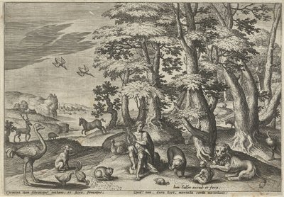 Orpheus tekee musiikkia eläimille Maisemat mytologisilla kohtauksilla (sarjan nimi) tekijältä Johann Sadeler (I)