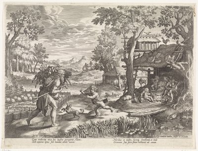 Set tervehtii Adamia hänen palattuaan kentältä Set-perheen historia / Oikean ja väärän tuomitseminen (sarjan nimi) Bonorum et Malorum consensio (sarjan nimi) tekijältä Johann Sadeler (I)