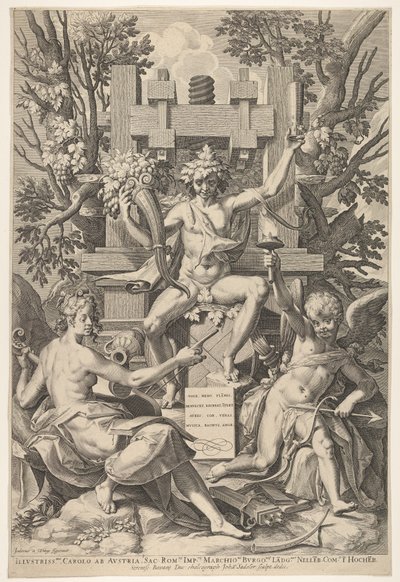 Bacchus, Musiikki, Amor, 1575-1600. tekijältä Johann Sadeler I