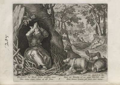 Blasius, kuva 8/30 sarjasta Sylvae Sacrae (Erakot maisemissa) tekijältä Johann Sadeler I