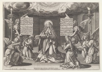 Magnificat: Neitsyt musiikkia tekevien enkelien ympäröimänä, 1585. tekijältä Johann Sadeler I