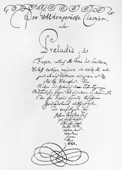 Käsinkirjoitettu The Well Tempered Piano, 1722 otsikkosivu (kynä ja muste paperille) tekijältä Johann Sebastian Bach