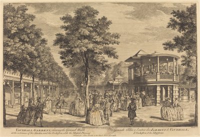 Vauxhall Gardens esittelee Grand Walk -kävelyä puutarhan sisäänkäynnillä ja orkesteri musiikin soiton kanssa tekijältä Johann Sebastian Müller after Samuel Wale