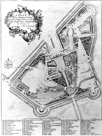 Suunnitelma talosta ja puutarhoista Stowessa, Buckinghamshiressä tekijältä Johann Sebastien Muller