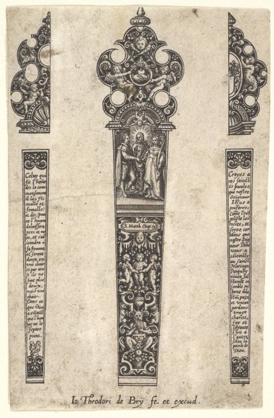 Suunnittelu veitsen kahvalle avioliiton muistoksi, n. 1580-1600. tekijältä Johann Theodor de Bry