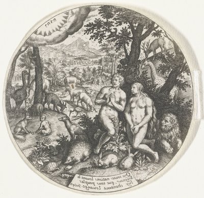 Jumala puhuu Aadamin ja Eevan kanssa paratiisissa tekijältä Johann Theodor de Bry