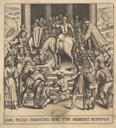 Miehet keräävät muulin takaneljänneksistä pudonnutta lantaa, ratsastaja istumassa..., 1592-1614. tekijältä Johann Theodor de Bry