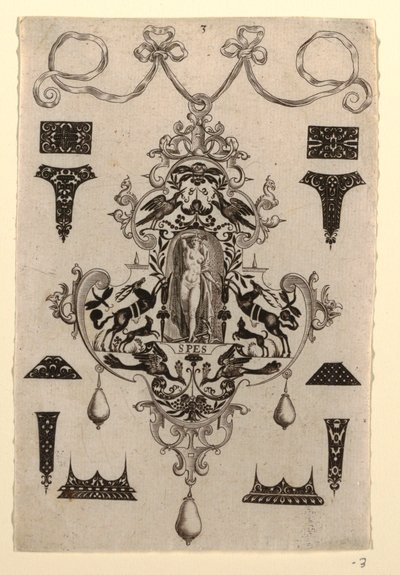 Riipussuunnittelu hyvetoivolla, levy 3, kahdeksan riipusmallin sarjasta, joissa on kardinaaliset hyveet tekijältä Johann Theodor de Bry
