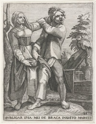 Strijd om de broek SIDON ITSENI MIEHENI PITÄÄNTÄ HOUSUT (otsikko esineessä) Secular Emblems, 1596 (sarjan nimi) tekijältä Johann Theodor de Bry