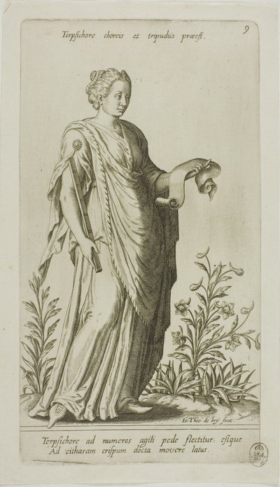 Terpsichore, Muse of Dance, levy 9 merkiltä Parnassus Biceps tekijältä Johann Theodor de Bry
