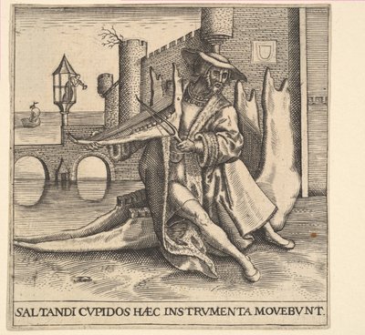 Rikas mies soittamassa viulua leukaluussa. tekijältä Johann Theodor de Bry