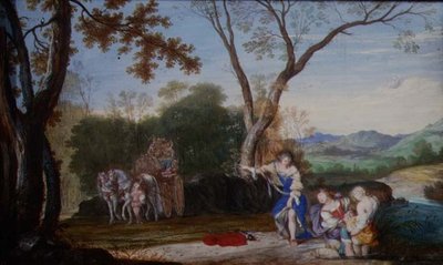Rinaldon sieppaus (paneelille asetettu guassi tarranauhalle) tekijältä Johann Wilhelm Baur