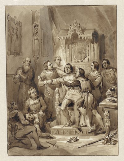 Kreivi William V tulee hulluksi ja murhaa Gerrit van Wateringenin, 1357 tekijältä Johann Wilhelm Kaiser (I)