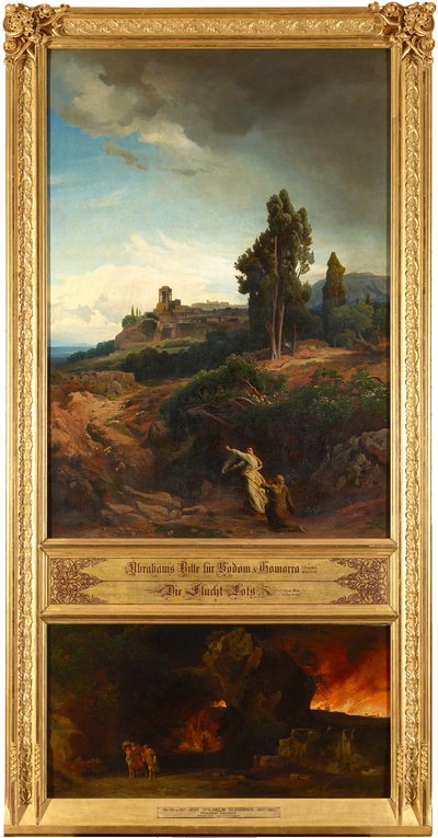 Abrahams Bitte für Sodom (oben). Die Flucht Lots (unten). Aus dem Zyklus "Zwölf biblische Landschaften mit der Geschichte Abrahams" tekijältä Johann Wilhelm Schirmer