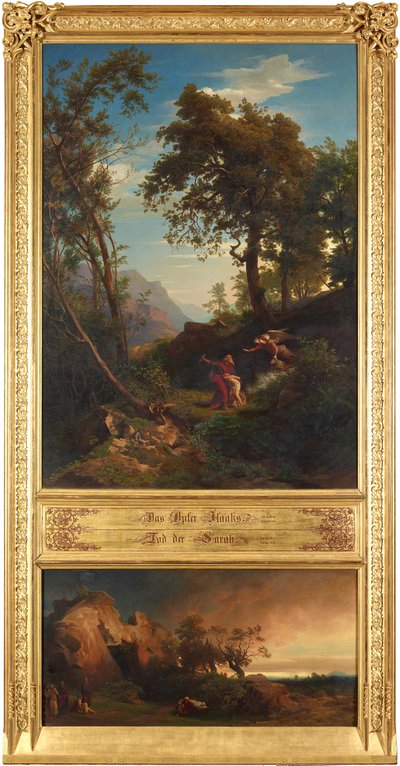 Iisakin uhraus (ylhäällä). Aabrahamin suru Saaran vuoksi (alhaalla). Teoskuvasta ”Kaksitoista raamatullista maisemaa Aabrahamin tarinasta” tekijältä Johann Wilhelm Schirmer