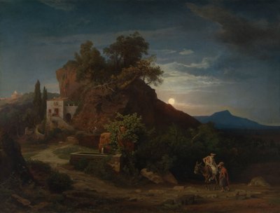 Yö, samarialaisen saapuminen majataloon loukkaantuneen kanssa tekijältä Johann Wilhelm Schirmer