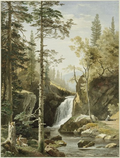 Maisema, jossa virtaa vuoristopuro tekijältä Johann Wilhelm Schirmer