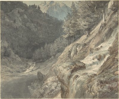 Vuoristoinen maisema, jossa virtaa joki tekijältä Johann Wilhelm Schirmer